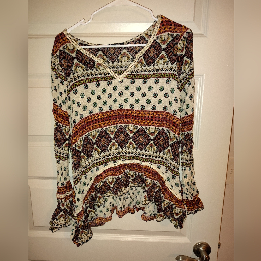 Bohemian Print Women's Top Long Sleeve Bell Sleeve